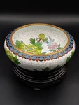 Vintage Chinese Cloisonne Enamel Full Art Brush Water Pot Wood Base. Fixed Price $118.00.
