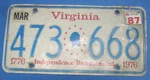 1987 Virginia Bicentennial License Plate #2 Good Only. Fixed Price $8.00.